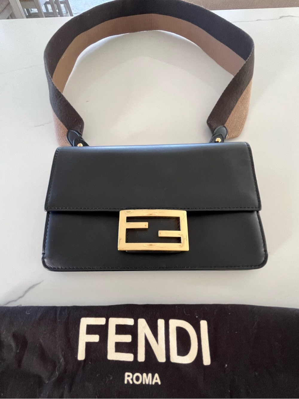 Fendi Black Calfskin FF Baguette Crossbody / Belt Bag with Detachable Strap
